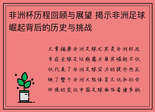非洲杯历程回顾与展望 揭示非洲足球崛起背后的历史与挑战